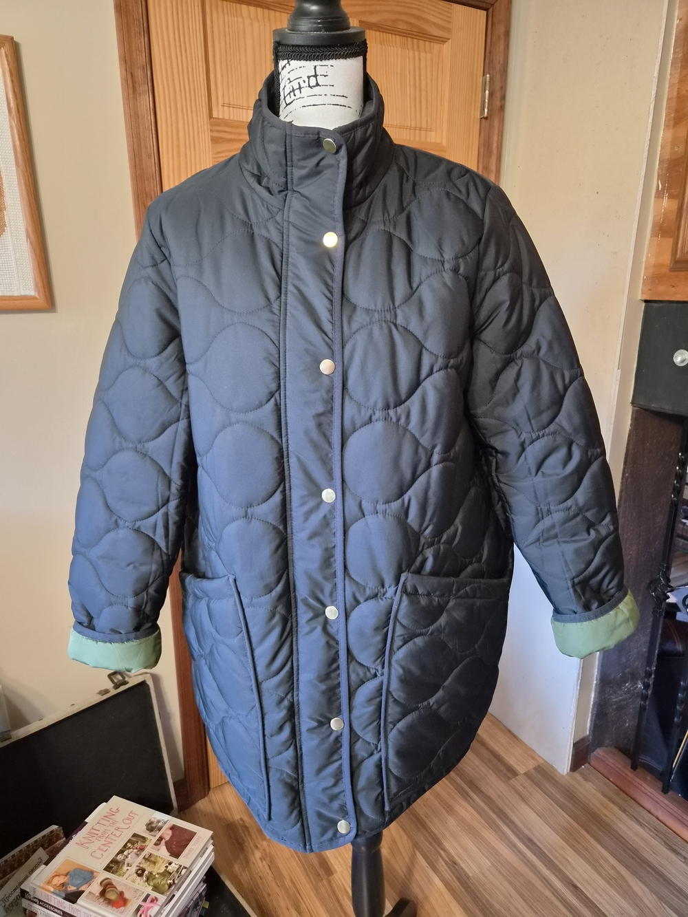 J. Crew Dark Gray Quilted Puffer Coat with Green Cuff Trim